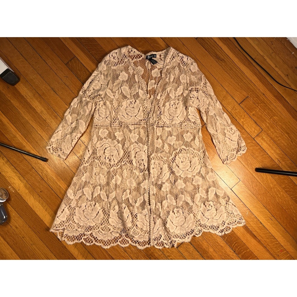 Miss Chievous Cardigan Kimono Womens S/M Beige Floral Eyelash Lace Open Front